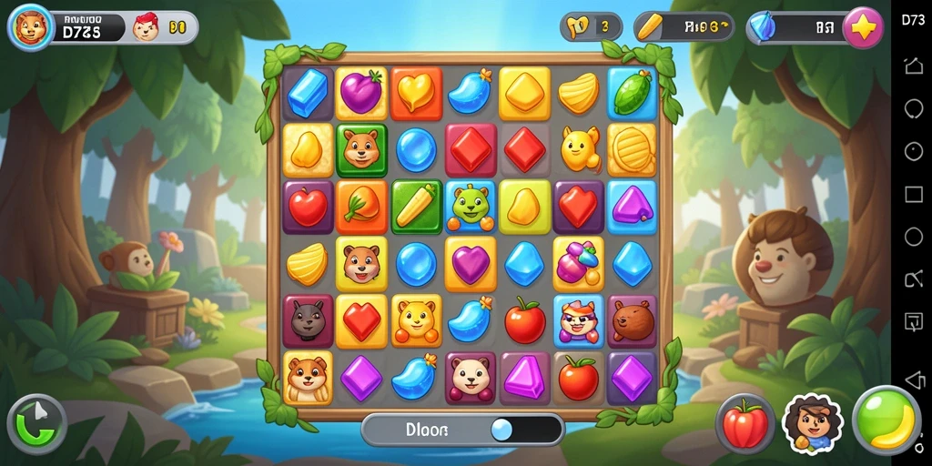 Screenshot gameplay D73 yang menunjukkan aksi mencocokkan permata.