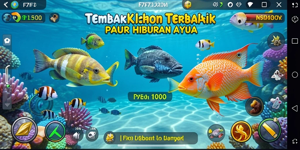 Screenshot utama F7F7 menampilkan suasana seru menembak ikan.