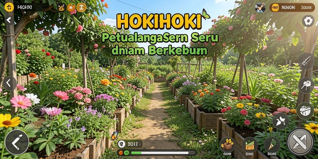 Tampilan gameplay HOKIHOKI yang menarik dengan kebun hijau subur.