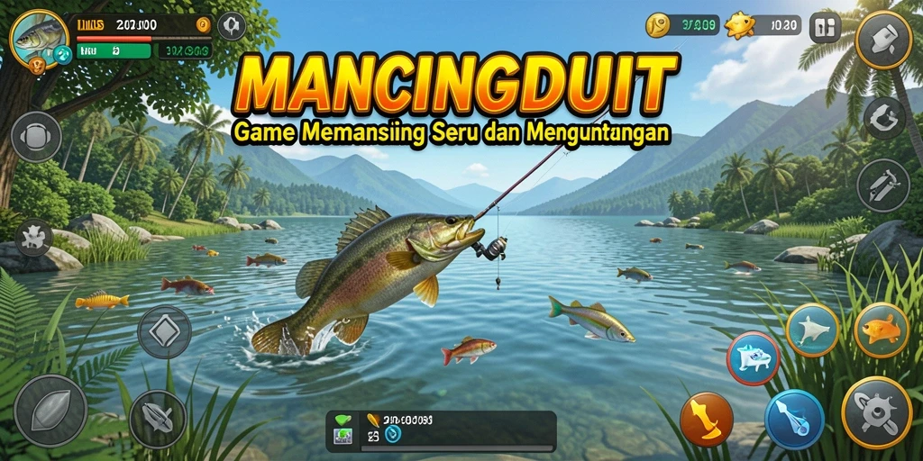 Tampilan gameplay MANCINGDUIT dengan aksi menangkap ikan.