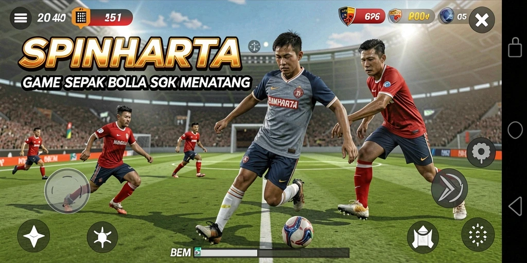 Tampilan dinamis gameplay SPINHARTA dengan aksi sepak bola yang seru.