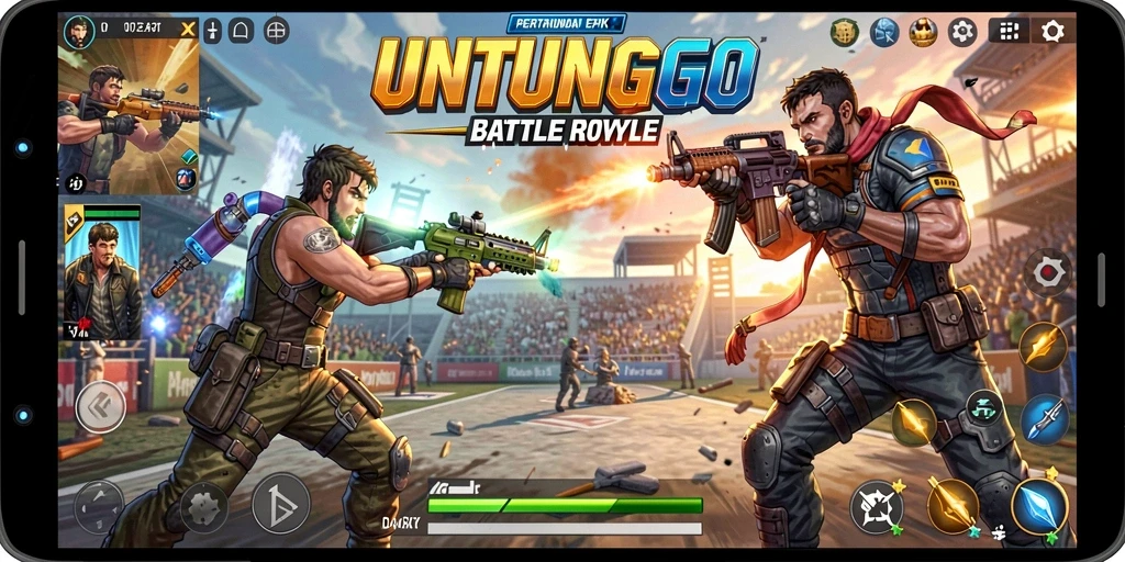 Tangkapan layar UNTUNGGO menampilkan aksi seru dalam pertempuran Battle Royale.